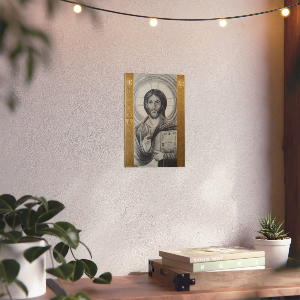 Pantocrator charcoal drawing on a wooden canvas, printed on an aluminum metal Art - Coptic Egyptian Orthodox Icon Print, Christian Sacred Altar Gift