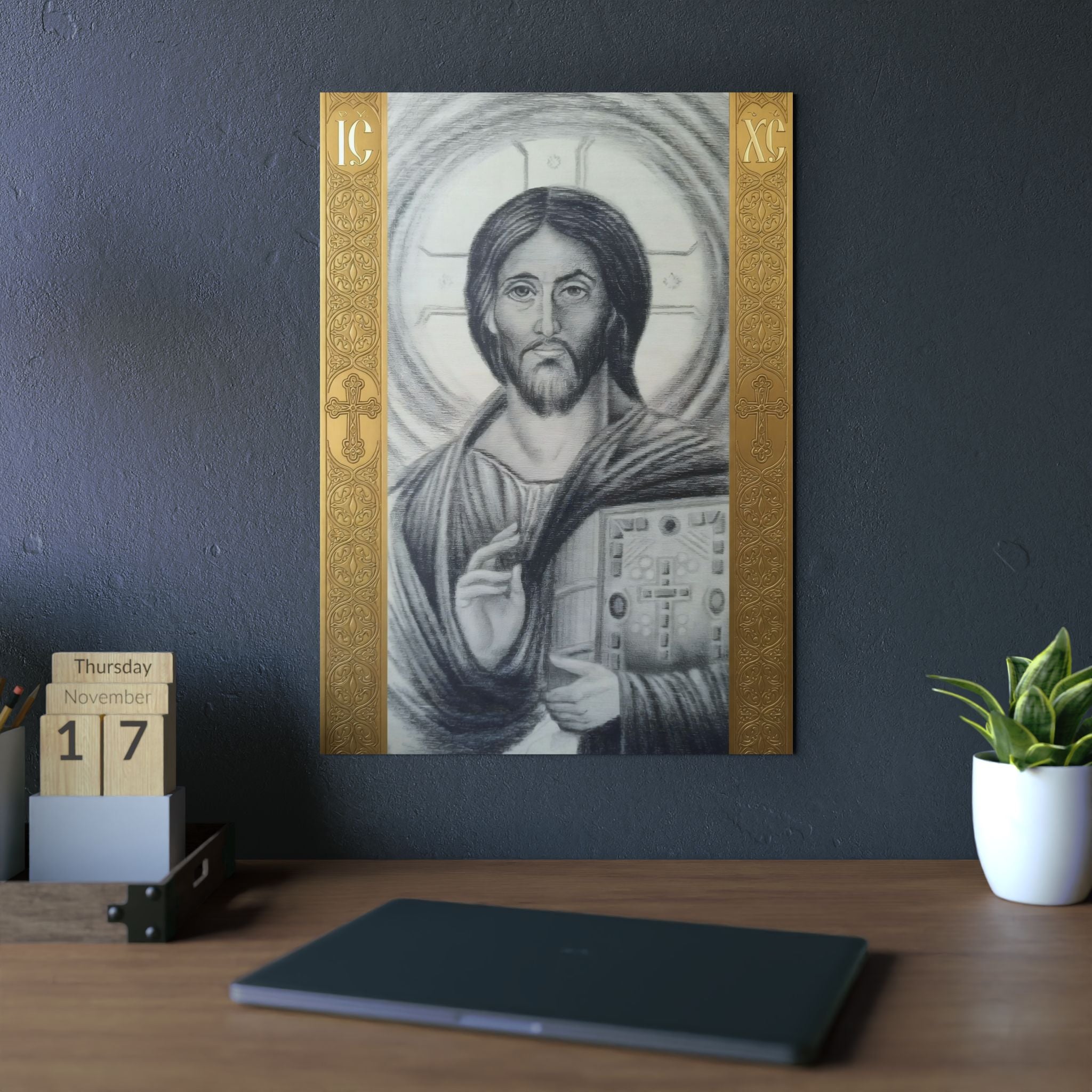 Pantocrator charcoal drawing on a wooden canvas, printed on an aluminum metal Art - Coptic Egyptian Orthodox Icon Print, Christian Sacred Altar Gift