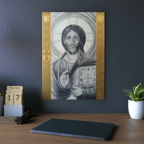 Pantocrator charcoal drawing on a wooden canvas, printed on an aluminum metal Art - Coptic Egyptian Orthodox Icon Print, Christian Sacred Altar Gift