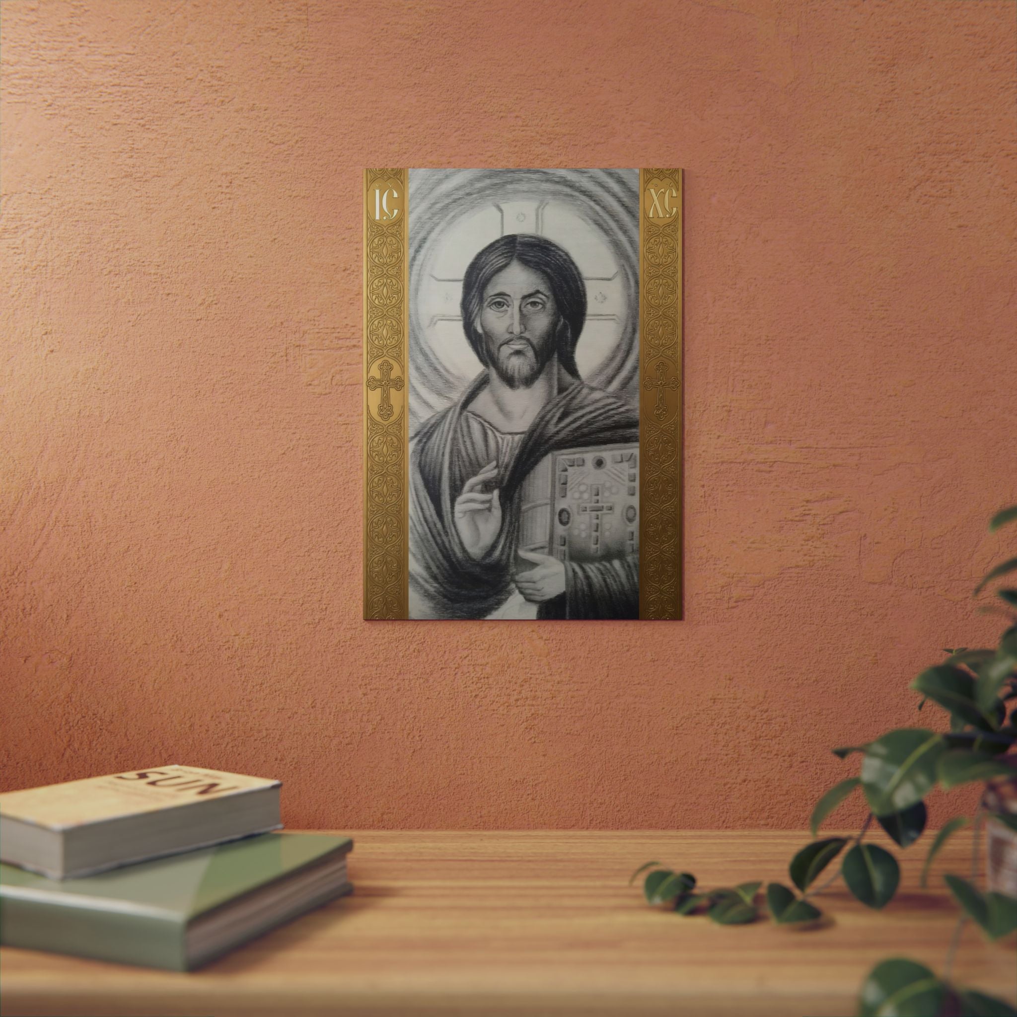 Pantocrator charcoal drawing on a wooden canvas, printed on an aluminum metal Art - Coptic Egyptian Orthodox Icon Print, Christian Sacred Altar Gift