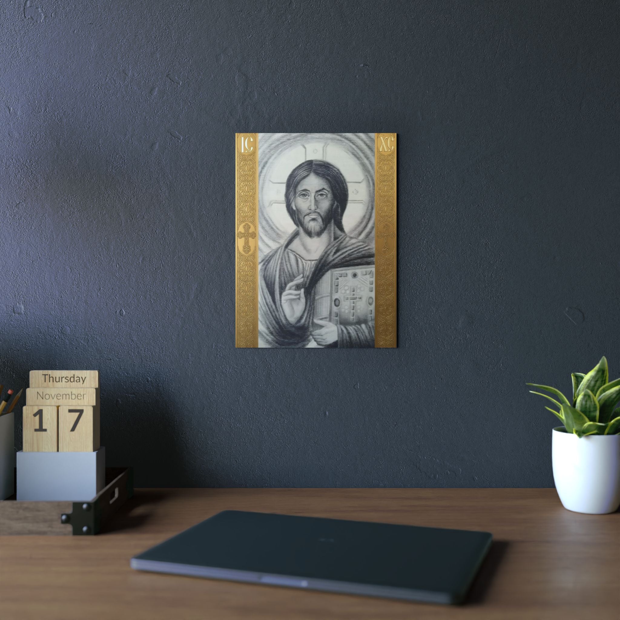 Pantocrator charcoal drawing on a wooden canvas, printed on an aluminum metal Art - Coptic Egyptian Orthodox Icon Print, Christian Sacred Altar Gift