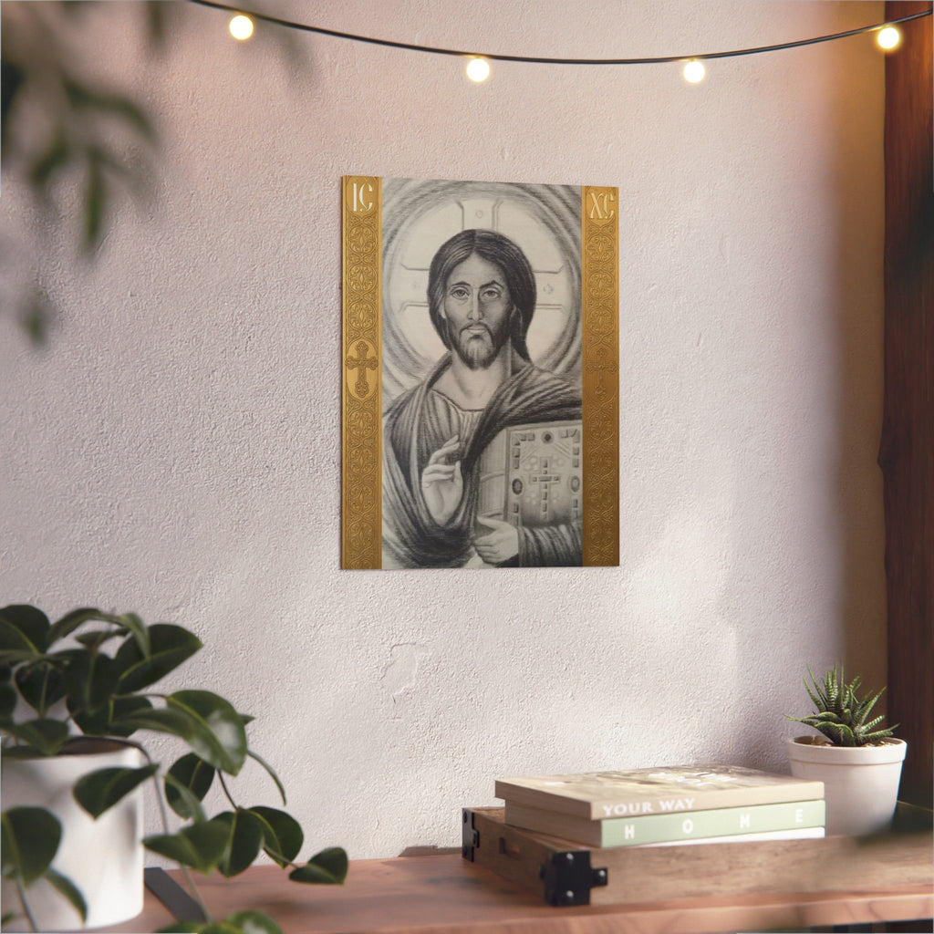 Pantocrator charcoal drawing on a wooden canvas, printed on an aluminum metal Art - Coptic Egyptian Orthodox Icon Print, Christian Sacred Altar Gift