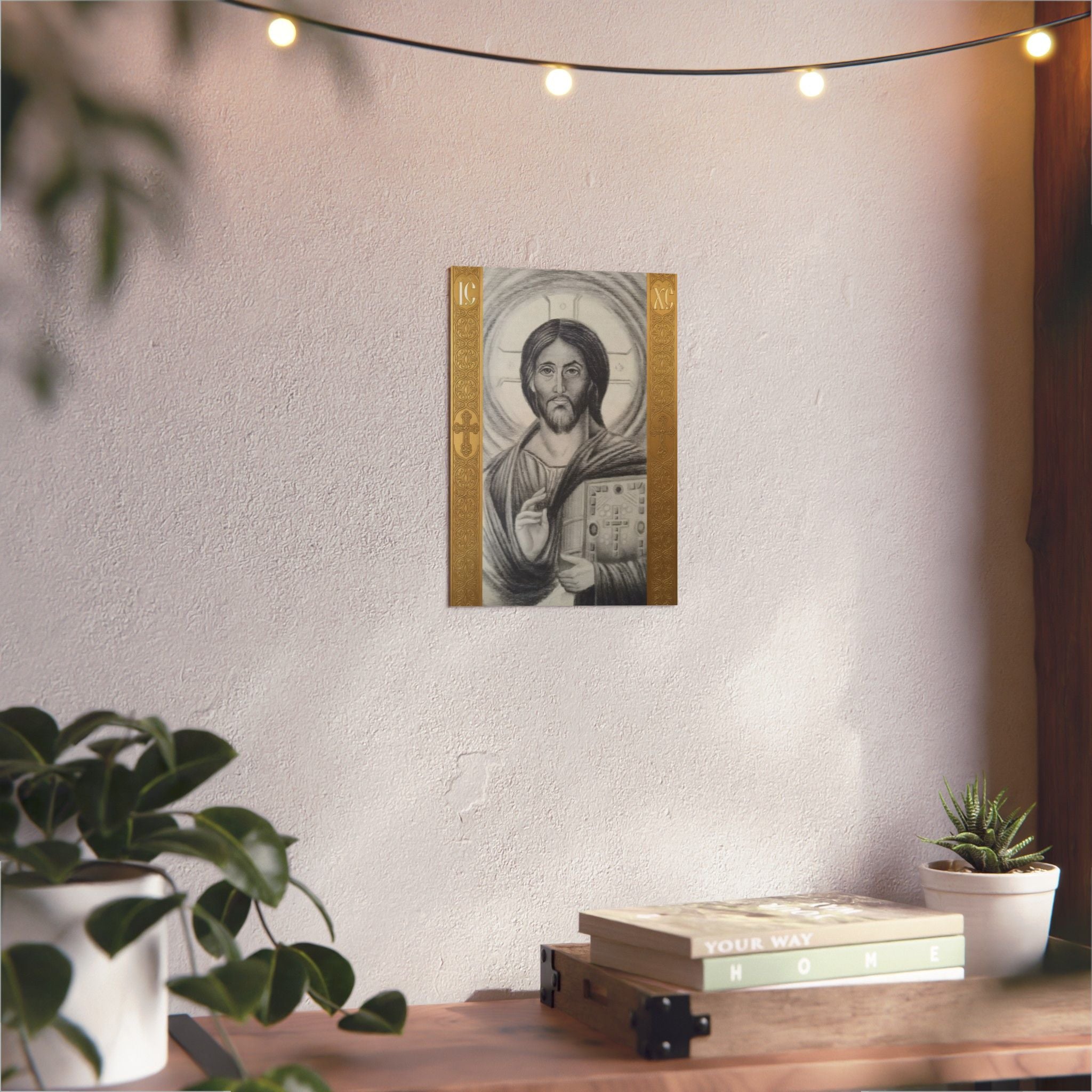 Pantocrator charcoal drawing on a wooden canvas, printed on an aluminum metal Art - Coptic Egyptian Orthodox Icon Print, Christian Sacred Altar Gift