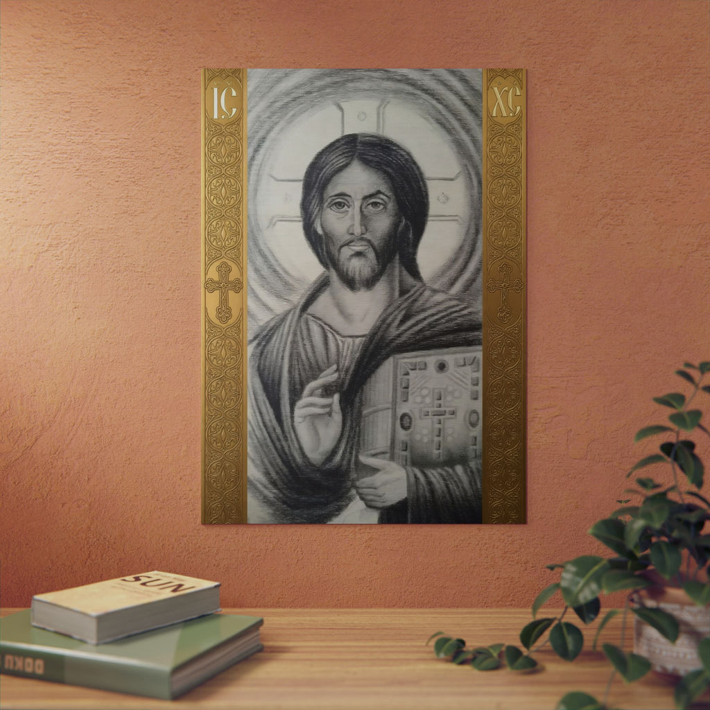 Pantocrator charcoal drawing on a wooden canvas, printed on an aluminum metal Art - Coptic Egyptian Orthodox Icon Print, Christian Sacred Altar Gift