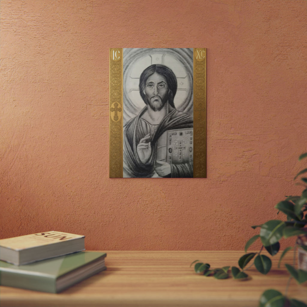 Pantocrator charcoal drawing on a wooden canvas, printed on an aluminum metal Art - Coptic Egyptian Orthodox Icon Print, Christian Sacred Altar Gift