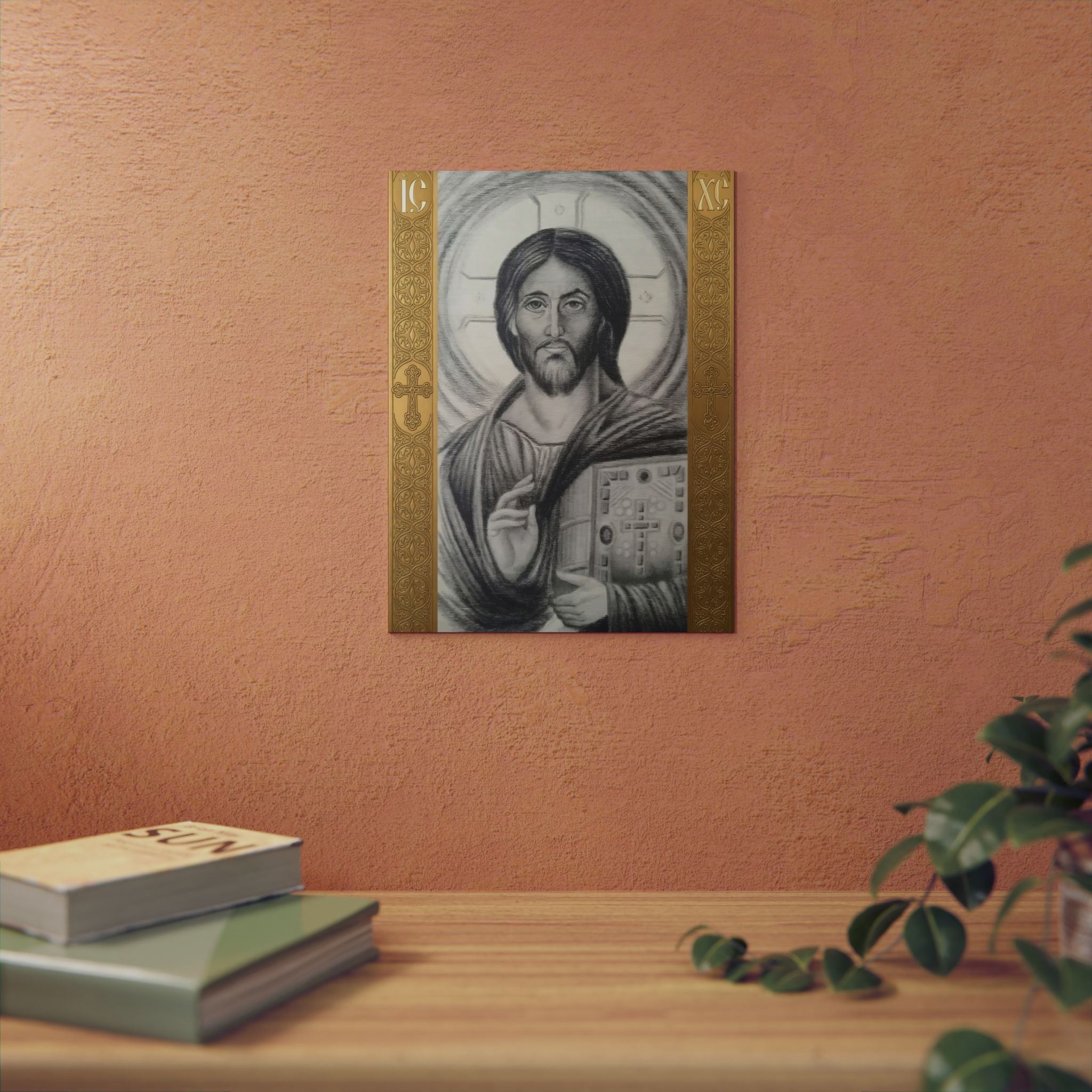 Pantocrator charcoal drawing on a wooden canvas, printed on an aluminum metal Art - Coptic Egyptian Orthodox Icon Print, Christian Sacred Altar Gift