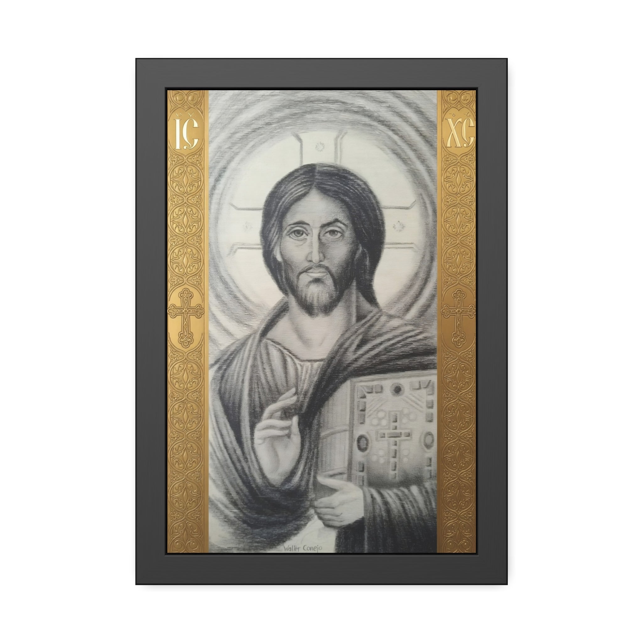 Pantocrator charcoal drawing on a wooden canvas, printed on an wood Art - Coptic Egyptian Orthodox Icon Print, Christian Sacred Altar Gift