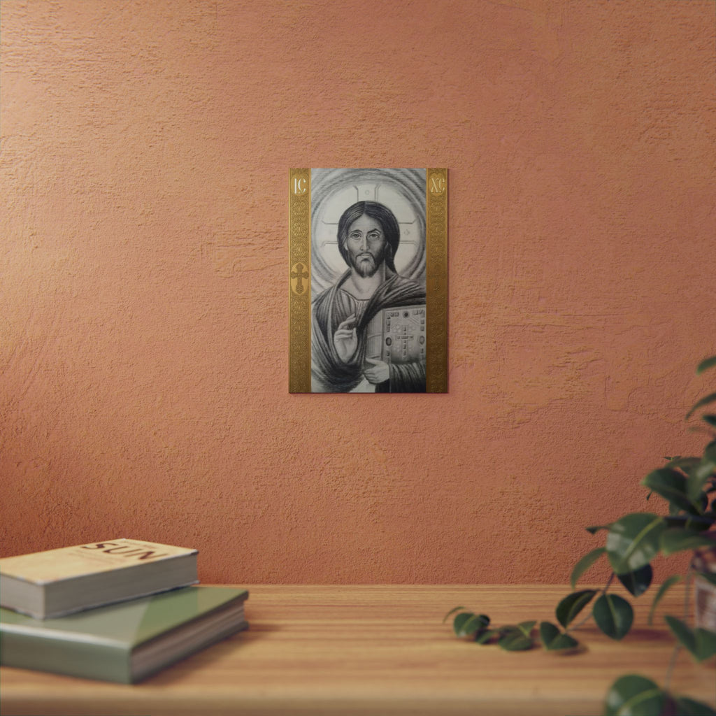 Pantocrator charcoal drawing on a wooden canvas, printed on an aluminum metal Art - Coptic Egyptian Orthodox Icon Print, Christian Sacred Altar Gift