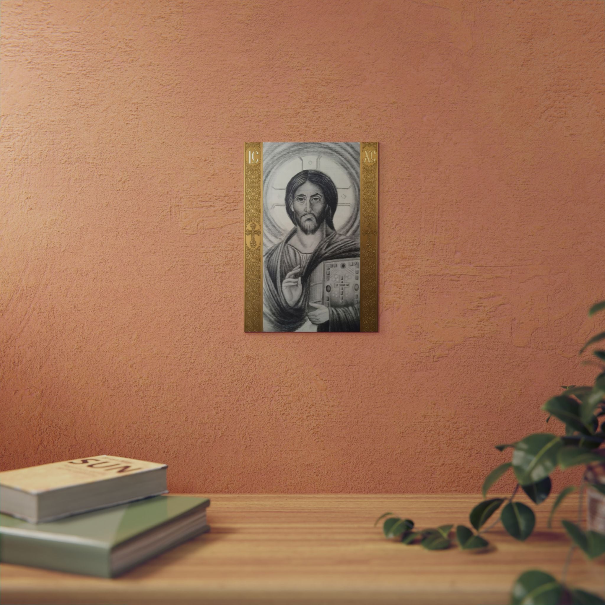 Pantocrator charcoal drawing on a wooden canvas, printed on an aluminum metal Art - Coptic Egyptian Orthodox Icon Print, Christian Sacred Altar Gift