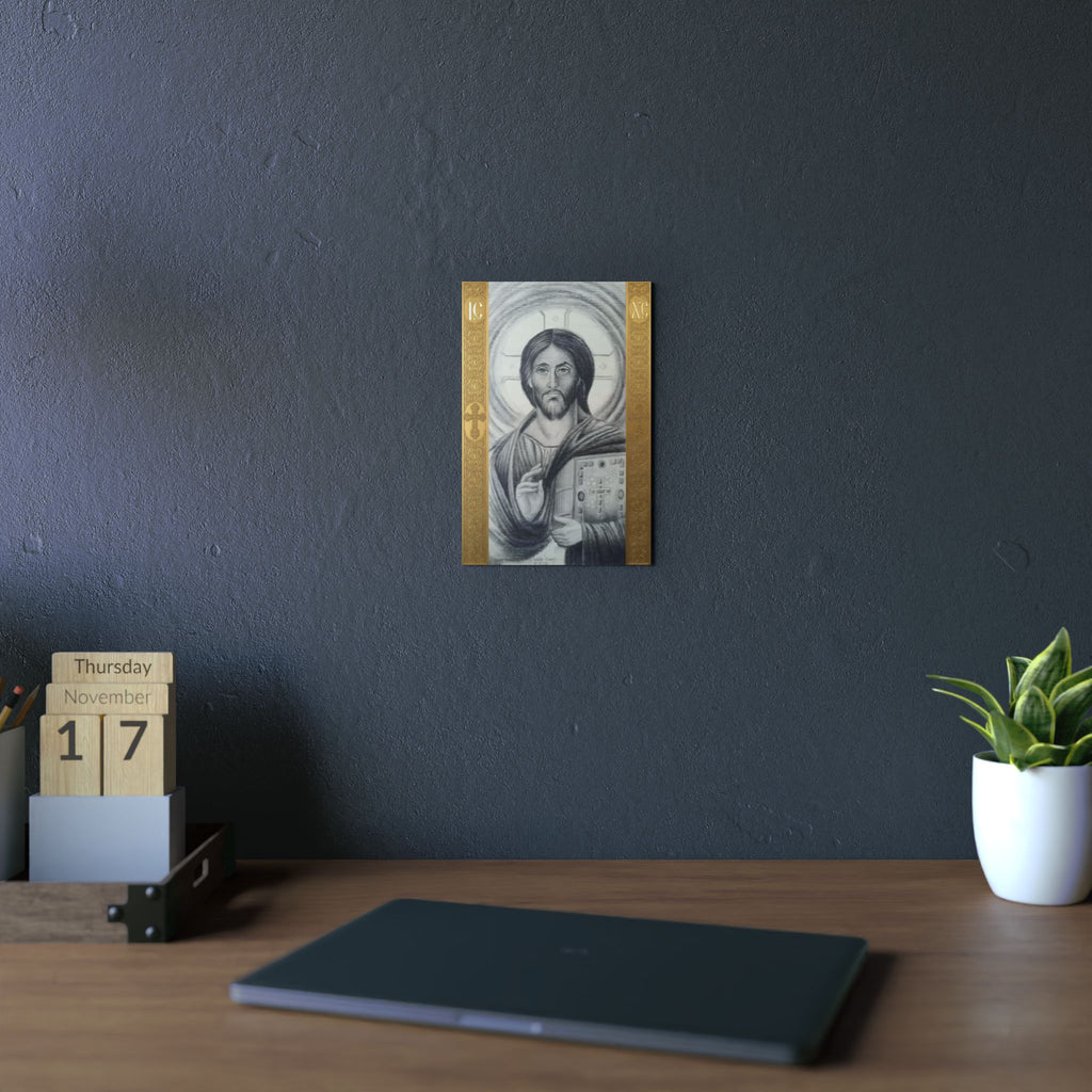 Pantocrator charcoal drawing on a wooden canvas, printed on an aluminum metal Art - Coptic Egyptian Orthodox Icon Print, Christian Sacred Altar Gift