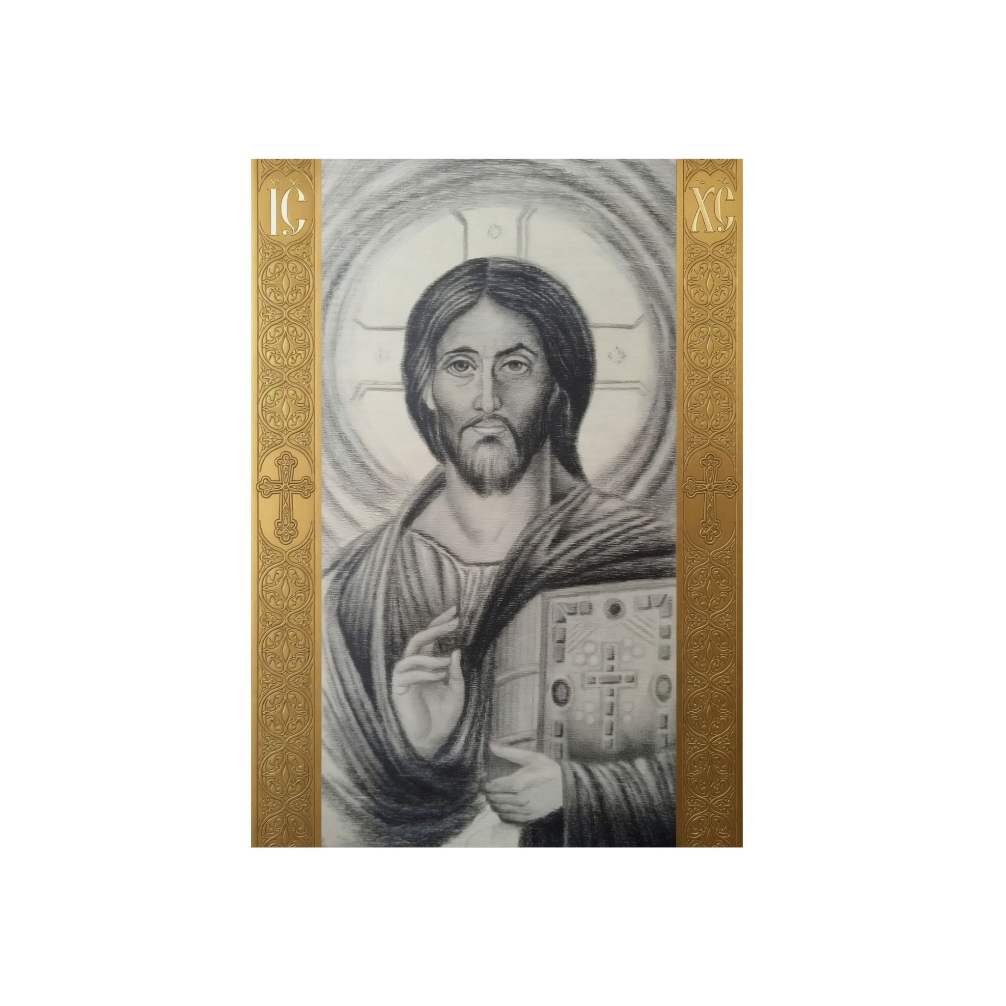 Pantocrator charcoal drawing on a wooden canvas, printed on an aluminum metal Art - Coptic Egyptian Orthodox Icon Print, Christian Sacred Altar Gift
