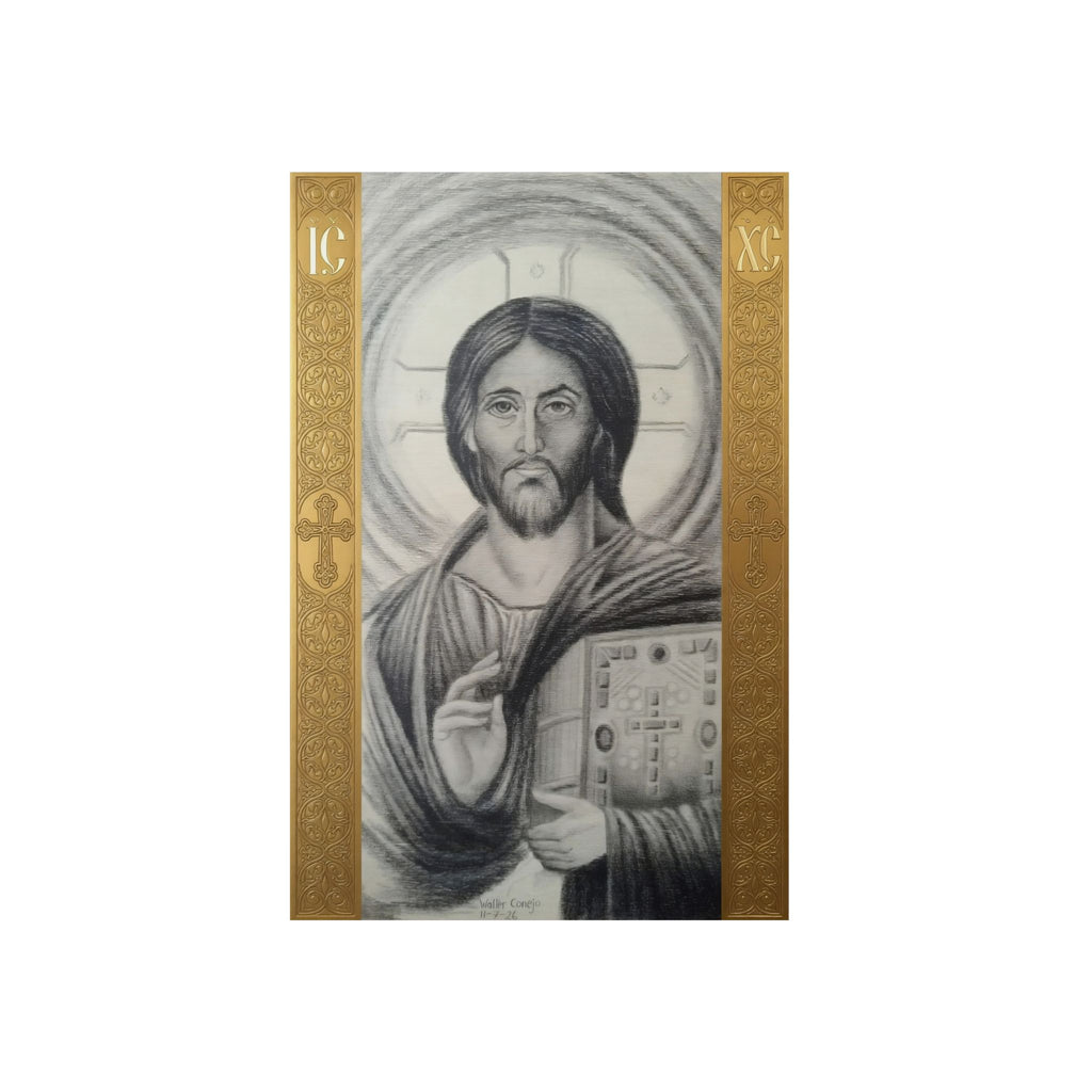 Pantocrator charcoal drawing on a wooden canvas, printed on an aluminum metal Art - Coptic Egyptian Orthodox Icon Print, Christian Sacred Altar Gift