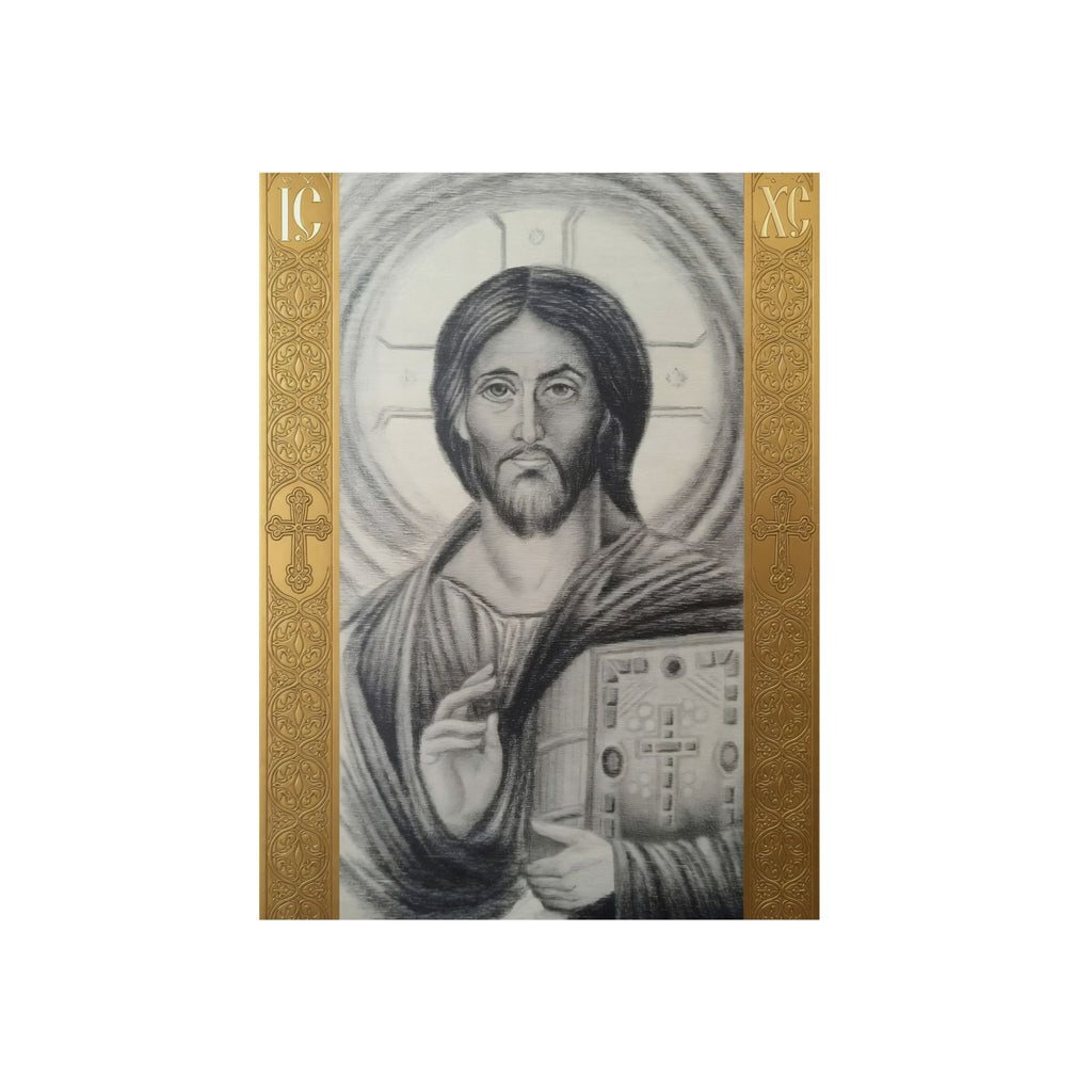 Pantocrator charcoal drawing on a wooden canvas, printed on an aluminum metal Art - Coptic Egyptian Orthodox Icon Print, Christian Sacred Altar Gift