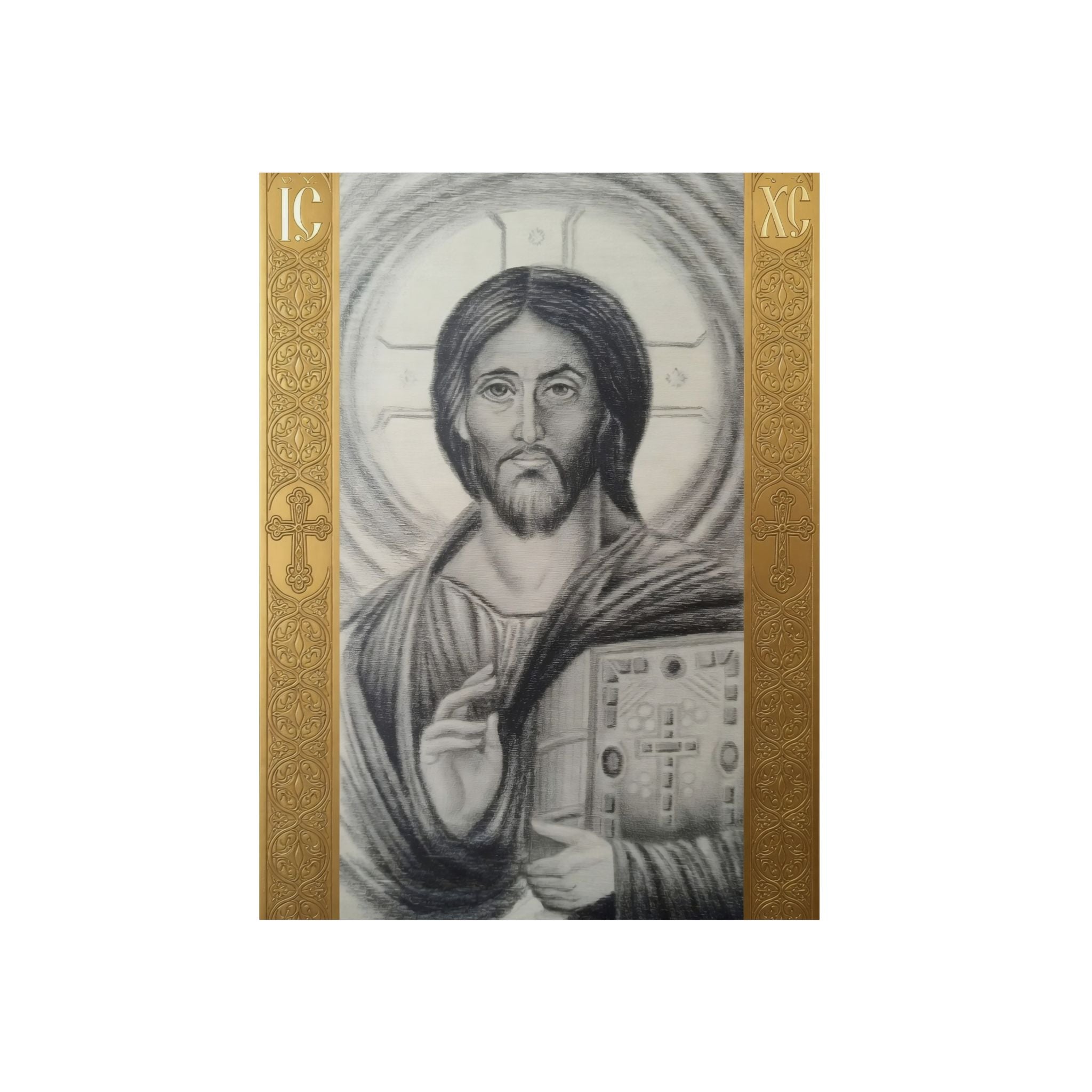 Pantocrator charcoal drawing on a wooden canvas, printed on an aluminum metal Art - Coptic Egyptian Orthodox Icon Print, Christian Sacred Altar Gift