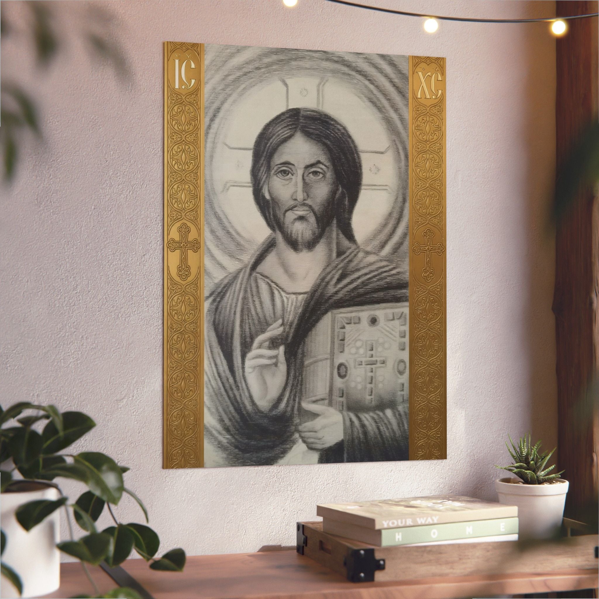 Pantocrator charcoal drawing on a wooden canvas, printed on an aluminum metal Art - Coptic Egyptian Orthodox Icon Print, Christian Sacred Altar Gift