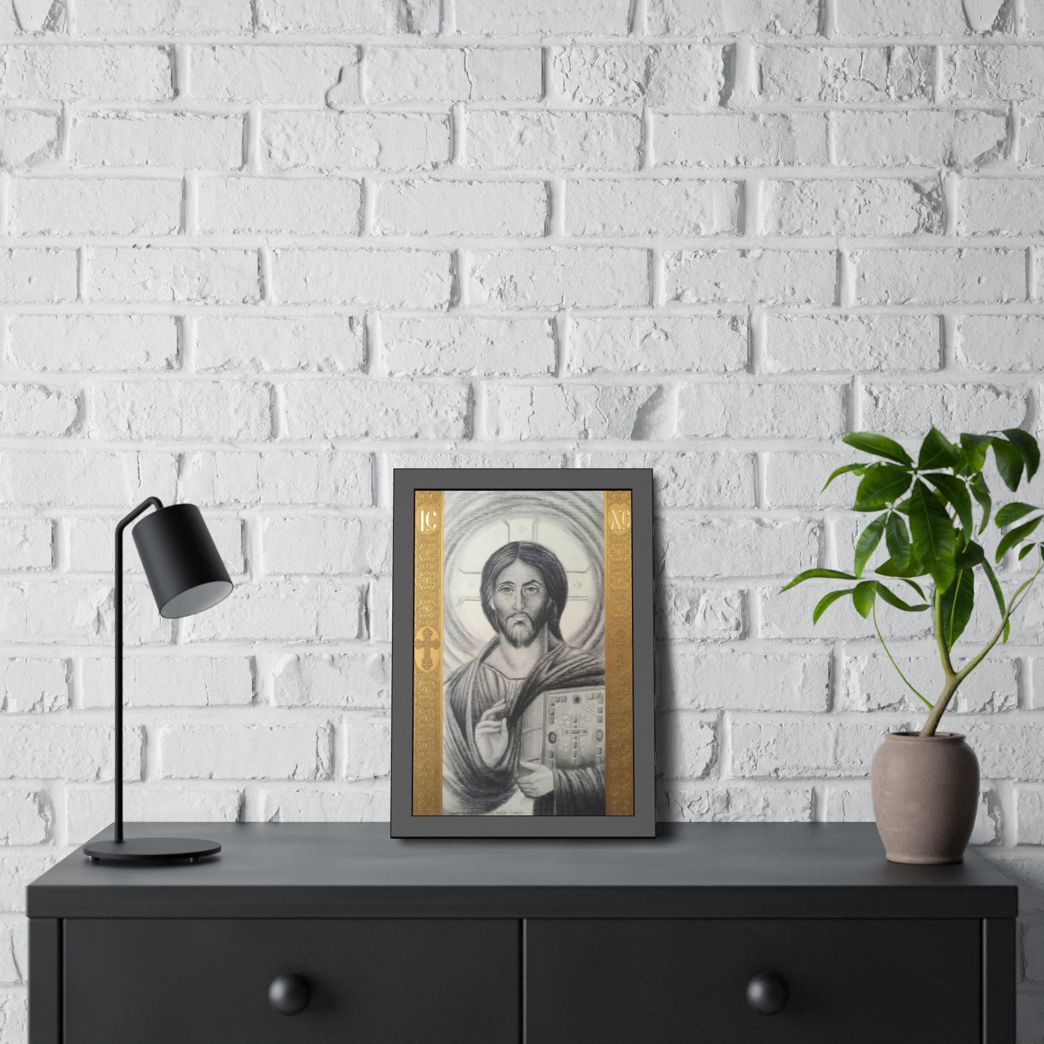 Pantocrator charcoal drawing on a wooden canvas, printed on an wood Art - Coptic Egyptian Orthodox Icon Print, Christian Sacred Altar Gift