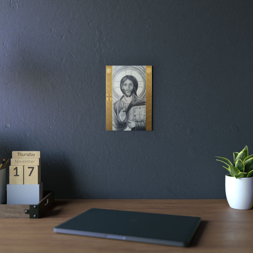 Pantocrator charcoal drawing on a wooden canvas, printed on an aluminum metal Art - Coptic Egyptian Orthodox Icon Print, Christian Sacred Altar Gift